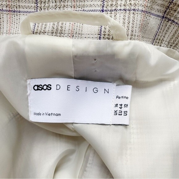 ASOS Design Oversized Blazer Cream Tan Plaid Boyfriend Jacket Size 12P 12 Petite - Picture 6 of 9